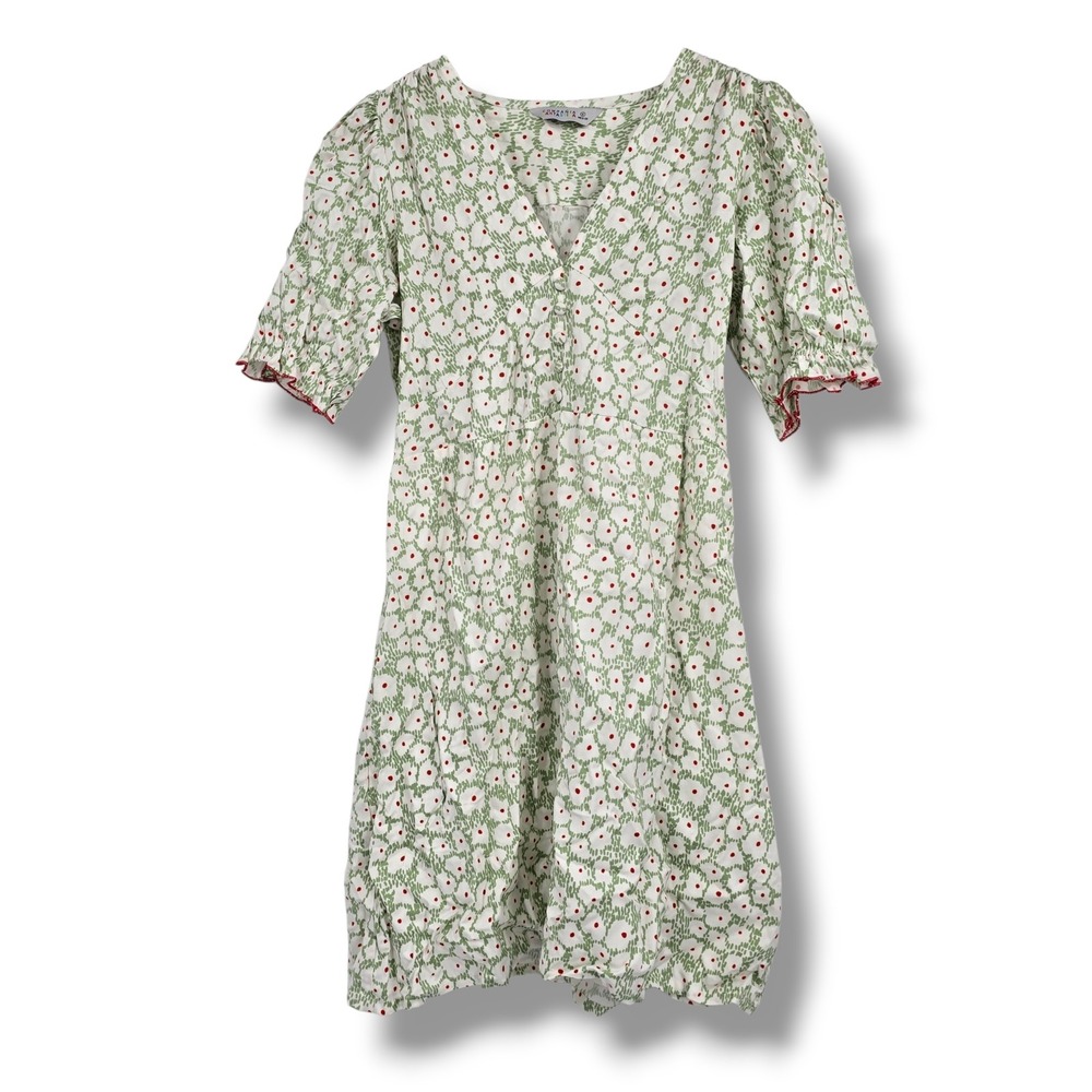 Compania Fantastica Green Floral V-Neck Puff Sleeve Mini Tea Dress Small